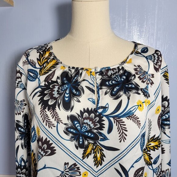 Liz Claiborne Career Extra Large Blue Yellow Floral Round Neck Longsleeve Blouse - Picture 2 of 9
